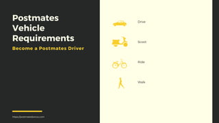 Postmates
Vehicle
Requirements
Become a Postmates Driver
Scoot
Ride
https://postmatesbonus.com
Walk
Drive
 