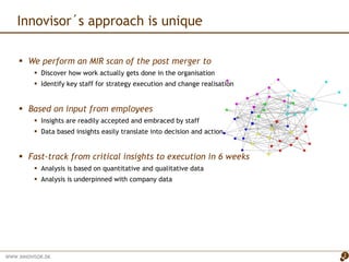 We perform an MIR scan of the post merger to Discover how work actually gets done in the organisation Identify key staff for strategy execution and change realisation Based on input from employees Insights are readily accepted and embraced by staff Data based insights easily translate into decision and action Fast-track from critical insights to execution in 6 weeks  Analysis is based on quantitative and qualitative data Analysis is underpinned with company data Innovisor´s approach is unique 