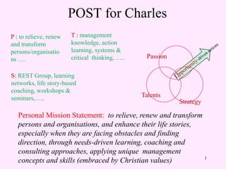 POST for Charles
P : to relieve, renew   T : management
and transform           knowledge, action
persons/organisatio     learning, systems &
ns ….                   critical thinking, …..    Passion

S: REST Group, learning
networks, life story-based
coaching, workshops &
seminars,…..                                     Talents
                                                            Strategy

   Personal Mission Statement: to relieve, renew and transform
   persons and organisations, and enhance their life stories,
   especially when they are facing obstacles and finding
   direction, through needs-driven learning, coaching and
   consulting approaches, applying unique management
                                                               1
   concepts and skills (embraced by Christian values)
 