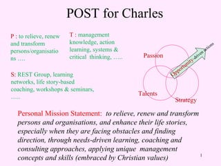 POST for Charles
P : to relieve, renew   T : management
and transform           knowledge, action                                                          n   s
                        learning, systems &                                                  c tio
persons/organisatio                                                                 e   na
ns ….                   critical thinking, …..    Passion                   d
                                                                            -
                                                                                riv
                                                                      n ity
                                                               o   rtu
S: REST Group, learning                                     Opp
networks, life story-based
coaching, workshops & seminars,
…..                                              Talents
                                                             Strategy

   Personal Mission Statement: to relieve, renew and transform
   persons and organisations, and enhance their life stories,
   especially when they are facing obstacles and finding
   direction, through needs-driven learning, coaching and
   consulting approaches, applying unique management
                                                               1
   concepts and skills (embraced by Christian values)
 