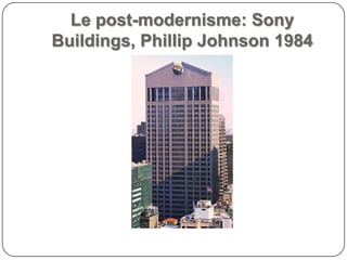 Le post-modernisme: Sony
Buildings, Phillip Johnson 1984
 