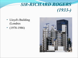 SIR-RICHARD ROGERS
(1933-)
• Lloyd's Building
(Londres
• (1978-1986)
 