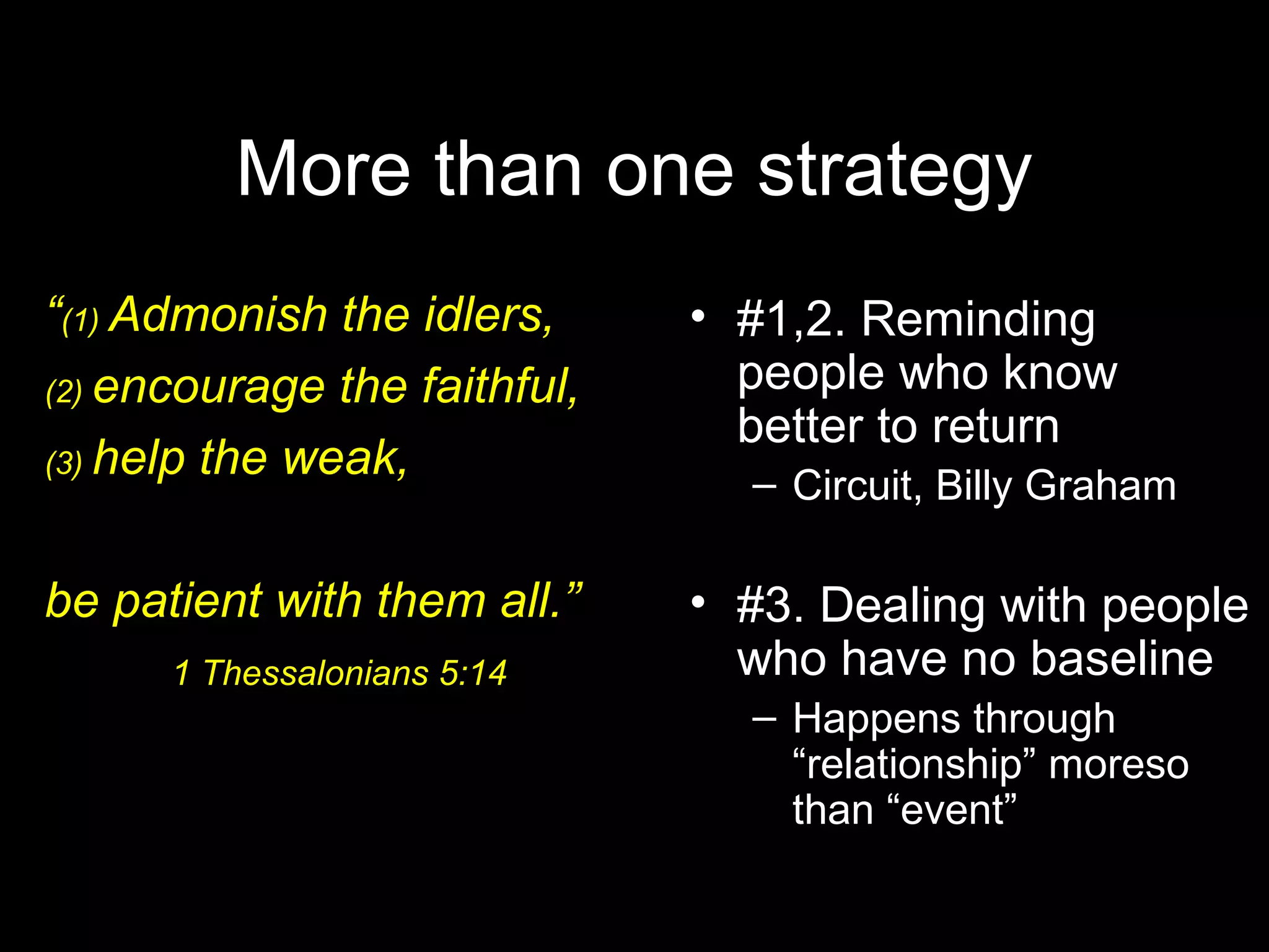 More than one strategy
“(1) Admonish the idlers,
(2) encourage the faithful,
(3) help the weak,
be patient with them all.”
1 Thessalonians 5:14
• #1,2. Reminding
people who know
better to return
– Circuit, Billy Graham
• #3. Dealing with people
who have no baseline
– Happens through
“relationship” moreso
than “event”
 