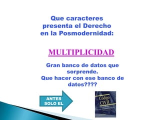 Que caracteres
 presenta el Derecho
en la Posmodernidad:


  MULTIPLICIDAD
 Gran banco de datos que
        sorprende.
Que hacer con ese banco de
        datos????

  ANTES
 SOLO EL
 