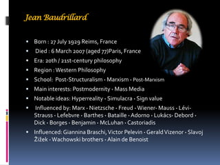 Jean Baudrillard


 Born : 27 July 1929 Reims, France
   Died : 6 March 2007 (aged 77)Paris, France
 Era: 20th / 21st-c...