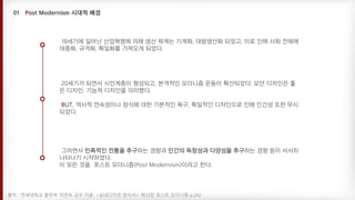 18세기에 일어난 산업혁명에 의해 생산 체계는 기계화, 대량생산화 되었고, 이로 인해 사회 전체에
대중화, 규격화, 획일화를 가져오게 되었다.
20세기가 되면서 시민계층이 형성되고, 본격적인 모더니즘 운동이 확산되었다. 모던 디자인은 좋
은 디자인, 기능적 디자인을 의미했다.
BUT, 역사적 연속성이나 장식에 대한 기본적인 욕구, 획일적인 디자인으로 인해 인간성 또한 무시
되었다.
그러면서 민족적인 전통을 추구하는 경향과 인간의 독창성과 다양성을 추구하는 경향 등이 서서히
나타나기 시작하였다.
이 모든 것을 포스트 모더니즘(Post Modernism)이라고 한다.
출처 : 연세대학교 출판부 이연숙 교수 지음. <실내디자인 양식사> 제13장 포스트 모더니즘 p.242
 