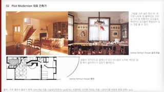 Vanna Venturi House 실내 모습
Vanna Venturi House 평면
출처 : 서우 출판사 홍승기 번역. John Pile 지음. <실내디자인사> p.357-8 / 시공아트 다이앤 기라도 지음. <모더니즘 이후의 현대 건축> p.21
방들이 대각선으로 잘려나가 있고 비스듬히 시작된 계단은 점
점 폭이 넓어지다가 갑자기 줄어든다.
그림을 그려 넣은 장식 띠, 유
리와 나무로 된 붙박이장, 다이
닝 가구 등 전통적인 요소들과
현대적인 요소들이 혼합되어 있
는 것을 볼 수 있다.
 