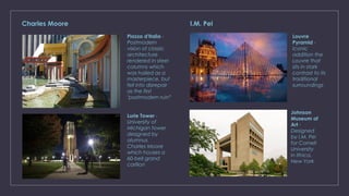 Charles Moore
Lurie Tower -
University of
Michigan tower
designed by
alumnus
Charles Moore
which houses a
60-bell grand
carillon
Piazza d'Italia -
Postmodern
vision of classic
architecture
rendered in steel
columns which
was hailed as a
masterpiece, but
fell into disrepair
as the first
"postmodern ruin"
Johnson
Museum of
Art -
Designed
by I.M. Pei
for Cornell
University
in Ithica,
New York
Louvre
Pyramid -
Iconic
addition the
Louvre that
sits in stark
contrast to its
traditional
surroundings
I.M. Pei
 