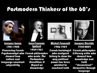 Postmodern Thinkers of the 60’s




   Jacques Lacan     Jean-Francois   Michel Foucault    Jacques Derrida
     1901-1982          Lyotard        1926-1984           1930-2004
 Pioneering French    1924-1981     French Sociologist French philosopher
Psychoanalyst who French philosopher who analyzed &literary critic who
    showed how      who wrote The history to show the     showed how
     culture and      Postmodern      way political      knowledge and
language construct   Condition: A    power has been           truth
     subjectivity      Report on        wielded to       “deconstruct”
                      Knowledge       construct truth themselves through
                                                           language
 