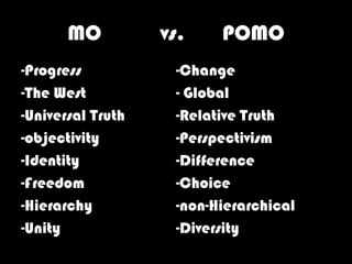 MO          vs.    POMO
-Progress           -Change
-The West           - Global
-Universal Truth    -Relative Truth
-objectivity        -Perspectivism
-Identity           -Difference
-Freedom            -Choice
-Hierarchy          -non-Hierarchical
-Unity              -Diversity
 