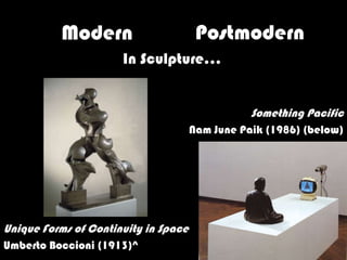 Modern                       Postmodern
                      In Sculpture…


                                                 Something Pacific
                                      Nam June Paik (1986) (below)




Unique Forms of Continuity in Space
Umberto Boccioni (1913)^
 