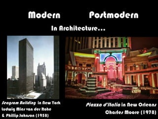 Modern                Postmodern
                       In Architecture…




Seagram Building in New York     Piazza d'Italia in New Orleans
Ludwig Mies van der Rohe
                                         Charles Moore (1978)
& Phillip Johnson (1958)
 