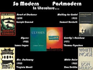 So Modern                   Postmodern
                  In Literature…
 Heart of Darkness            Waiting for Godot
 1899                                       1953
 Joseph Conrad                     Samuel Beckett




    Ulysses                           Gravity’s Rainbow
       1922                           1973
James Joyce                           Thomas Pynchon




 Mrs. Dalloway                        White Noise
 1925                                      1985
 Virginia Woolf                       Don DeLillo
 