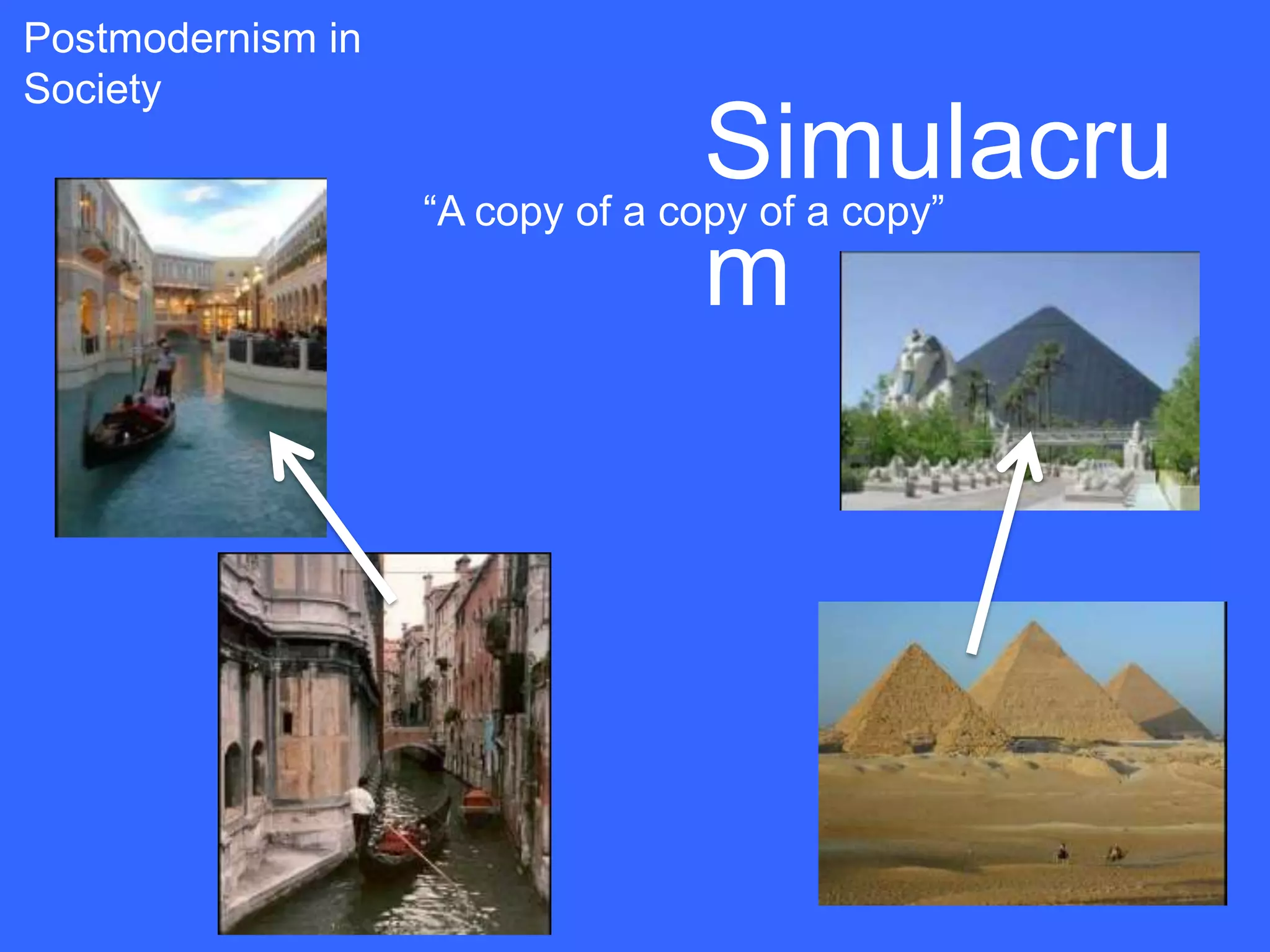 Postmodernism in
Society
                                  Simulacru
                   “A copy of a copy of a copy”
                                  m
 