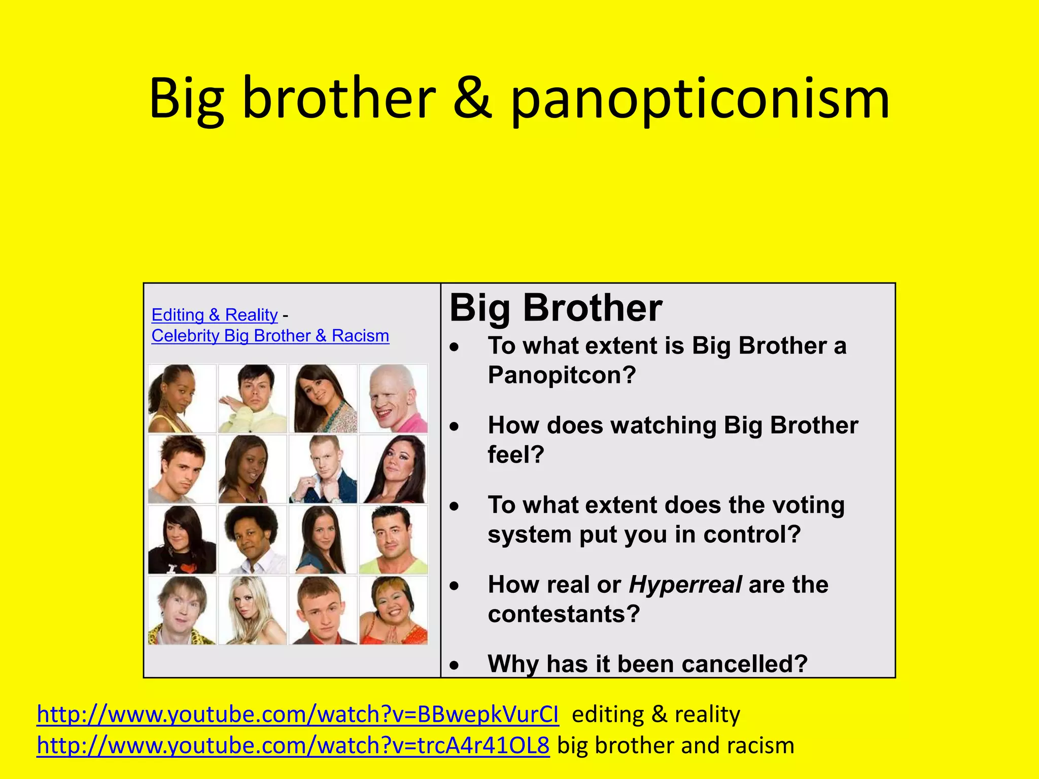 Big brother & panopticonism


         Editing & Reality -              Big Brother
         Celebrity Big Brother & Racism
                                            To what extent is Big Brother a
                                            Panopitcon?

                                            How does watching Big Brother
                                            feel?

                                            To what extent does the voting
                                            system put you in control?

                                            How real or Hyperreal are the
                                            contestants?

                                            Why has it been cancelled?

http://www.youtube.com/watch?v=BBwepkVurCI editing & reality
http://www.youtube.com/watch?v=trcA4r41OL8 big brother and racism
 