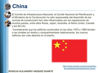 China
  El Comité de Infraestructura Nacional, el Comité Nacional de Planificación y
  el Ministerio de la Construcción ha sido responsable del desarrollo de las
  normas de construcción han sido influenciados por las regulaciones de
  muchos países, entre ellos Rusia, Japón, Australia, el Reino Unido, Canadá
  y los EE.UU.
   Considerando que los edificios construidos en los años 1970 y 1980 tienden
  a ser simples en diseño y compartimentada relativamente, los nuevos
  edificios son más abiertos en el diseño.




                                                http://www.arquba.com/monografias-
                                                 de-arquitectura/arquitectura-china/
ROGELIO ALEJANDRO VAZQUEZ DUARTE
 