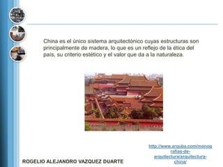 China es el único sistema arquitectónico cuyas estructuras son
      principalmente de madera, lo que es un reflejo de la ética del
      país, su criterio estético y el valor que da a la naturaleza.




                                               http://www.arquba.com/monog
                                                          rafias-de-
                                                  arquitectura/arquitectura-
ROGELIO ALEJANDRO VAZQUEZ DUARTE                            china/
 