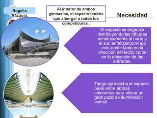 Rogelio       Al interior de ambos
          gimnasios, el espacio tendría
Vázquez
            que albergar a todos los
                                             Necesidad
                 competidores .
                                     El espacio se organiza
                                   distribuyendo las tribunas
                                   simétricamente al norte y
                                    al sur, enfatizando el eje
                                     este-oeste tanto en la
                                   dirección del techo como
                                     en la ubicación de las
                                             entradas.




                                  Tange aprovecha el espacio
                                  ojival entre ambas
                                  catenarias para ubicar un
                                  gran pozo de iluminación
                                  cenital
 