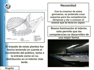 Necesidad
                                      Con la creacion de estos
                                   gimnasios, se pretendia crear
                                  espacios para las competencias
                                    olimpicas y dar a conocer el
                                   avance que se tenia en Japon.

                                   Buena iluminación al interior,
                                      esto permite que las
                                  competencias se desarrollen de
                                        una mejor forma.


El trazado de estas plantas fue
 hecho teniendo en cuenta el
movimiento del público, tanto a
     la entrada como en su
distribución en el interior más
              tarde.

Rogelio
 