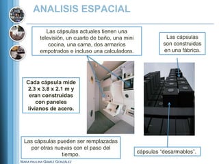 ANALISIS ESPACIAL

             Las cápsulas actuales tienen una
          televisión, un cuarto de baño, una mini              Las cápsulas
              cocina, una cama, dos armarios                  son construidas
          empotrados e incluso una calculadora.               en una fábrica.




   Cada cápsula mide
   2.3 x 3.8 x 2.1 m y
    eran construidas
       con paneles
   livianos de acero.




 Las cápsulas pueden ser remplazadas
   por otras nuevas con el paso del
               tiempo.                              cápsulas “desarmables”.
MARA PAULINA GÁMEZ GONZÁLEZ
 