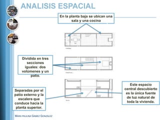 ANALISIS ESPACIAL
                              En la planta baja se ubican una
                                     sala y una cocina




     Dividida en tres
        secciones
       iguales: dos
     volúmenes y un
          patio.

                                                                    Este espacio
Separadas por el                                                central descubierto
patio externo y la                                               es la única fuente
  escalera que                                                   de luz natural de
conduce hacia la                                                  toda la vivienda.
 planta superior.

MARA PAULINA GÁMEZ GONZÁLEZ
 