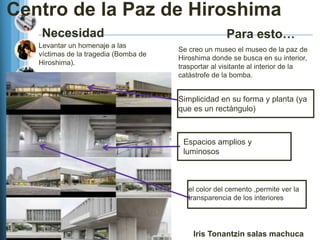 Centro de la Paz de Hiroshima
   Necesidad                                          Para esto…
   Levantar un homenaje a las
                                       Se creo un museo el museo de la paz de
   víctimas de la tragedia (Bomba de
                                       Hiroshima donde se busca en su interior,
   Hiroshima).
                                       trasportar al visitante al interior de la
                                       catástrofe de la bomba.


                                       Simplicidad en su forma y planta (ya
                                       que es un rectángulo)



                                        Espacios amplios y
                                        luminosos



                                          el color del cemento ,permite ver la
                                          transparencia de los interiores




                                           Iris Tonantzin salas machuca
 