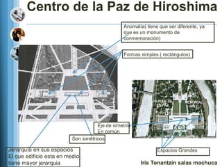 Centro de la Paz de Hiroshima
                                                 Anomalía( tiene que ser diferente, ya
                                                 que es un monumento de
                                                 conmemoración)


                                                 Formas simples ( rectángulos)




                                     Eje de simetría
                                     En común
                          Son simétricos

Jerarquía en sus espacios                                       Espacios Grandes
El que edificio esta en medio
tiene mayor jerarquia                                   Iris Tonantzin salas machuca
 