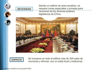 Siendo un edificio de aires soviético, se
               NECESIDAD            requiere zonas especiales y privadas para
                                    reuniones de los diversos poderes
                                    legislativos de China.




                          Se incorpora en todo el edificio más de 300 salas de
         ESPACIO
                          reuniones y oficinas, con un estilo local y tradicional.


GABRIELA ANGÉLICA SALAZAR PEÑA
 