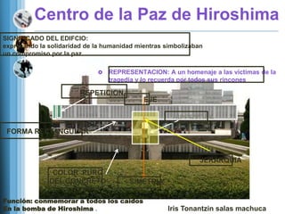 Centro de la Paz de Hiroshima
SIGNIFICADO DEL EDIFCIO:
expresando la solidaridad de la humanidad mientras simbolizaban
un compromiso por la paz.

                                REPRESENTACION: A un homenaje a las víctimas de la
                                 tragedia y lo recuerda por todos sus rincones

                        REPETICION
                                            EJE

                                                     HIPERVOLA
 FORMA RECTANGULAR



                                                              JERARQUIA
               COLOR PURO
              DEL CONCRETO             SIMETRIA

Función: conmemorar a todos los caídos
En la bomba de Hiroshima .                          Iris Tonantzin salas machuca
 