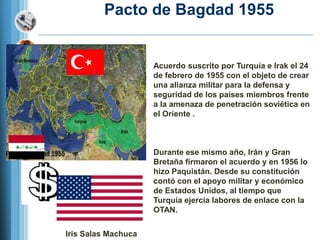 Pacto de Bagdad 1955


                     Acuerdo suscrito por Turquía e Irak el 24
                     de febrero de 1955 con el objeto de crear
                     una alianza militar para la defensa y
                     seguridad de los países miembros frente
                     a la amenaza de penetración soviética en
                     el Oriente .



                     Durante ese mismo año, Irán y Gran
                     Bretaña firmaron el acuerdo y en 1956 lo
                     hizo Paquistán. Desde su constitución
                     contó con el apoyo militar y económico
                     de Estados Unidos, al tiempo que
                     Turquía ejercía labores de enlace con la
                     OTAN.


Iris Salas Machuca
 