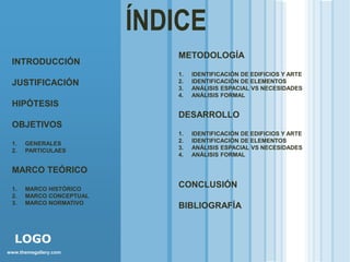 ÍNDICE
                            METODOLOGÍA
 INTRODUCCIÓN
                            1.   IDENTIFICACIÓN DE EDIFICIOS Y ARTE
 JUSTIFICACIÓN              2.   IDENTIFICACIÓN DE ELEMENTOS
                            3.   ANÁLISIS ESPACIAL VS NECESIDADES
                            4.   ANÁLISIS FORMAL
 HIPÓTESIS
                            DESARROLLO
 OBJETIVOS
                            1.   IDENTIFICACIÓN DE EDIFICIOS Y ARTE
 1.   GENERALES             2.   IDENTIFICACIÓN DE ELEMENTOS
 2.   PARTICULAES           3.   ANÁLISIS ESPACIAL VS NECESIDADES
                            4.   ANÁLISIS FORMAL

 MARCO TEÓRICO

 1.   MARCO HISTÓRICO
                            CONCLUSIÓN
 2.   MARCO CONCEPTUAL
 3.   MARCO NORMATIVO
                            BIBLIOGRAFÍA


  LOGO
www.themegallery.com
 