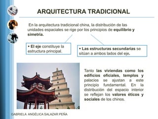ARQUITECTURA TRADICIONAL

        En la arquitectura tradicional china, la distribución de las
        unidades espaciales se rige por los principios de equilibrio y
        simetría.


         El eje constituye la
                                      Las estructuras secundarias se
        estructura principal.
                                     sitúan a ambos lados del eje.



                                        Tanto las viviendas como los
                                        edificios oficiales, templos y
                                        palacios se ajustan a este
                                        principio fundamental. En la
                                        distribución del espacio interior
                                        se reflejan los valores éticos y
                                        sociales de los chinos.


GABRIELA ANGÉLICA SALAZAR PEÑA
 