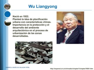 Wu Liangyong

        Nació en 1922.
        Planteó la idea de planificación
        urbana con características chinas.
        Importancia en la protección y el
        desarrollo del ambiente
        arquitectónico en el proceso de
        urbanización de las zonas
        desarrolladas.




GABRIELA ANGÉLICA SALAZAR PEÑA
                                         http://espanol.cri.cn/chinaabc/chapter7/chapter70501.htm
 