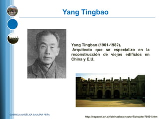 Yang Tingbao



                                   Yang Tingbao (1901-1982).
                                    Arquitecto que se especializo en la
                                   reconstrucción de viejos edificios en
                                   China y E.U.




GABRIELA ANGÉLICA SALAZAR PEÑA
                                         http://espanol.cri.cn/chinaabc/chapter7/chapter70501.htm
 
