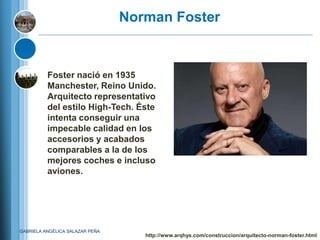 Norman Foster


          Foster nació en 1935
          Manchester, Reino Unido.
          Arquitecto representativo
          del estilo High-Tech. Éste
          intenta conseguir una
          impecable calidad en los
          accesorios y acabados
          comparables a la de los
          mejores coches e incluso
          aviones.




GABRIELA ANGÉLICA SALAZAR PEÑA
                                    http://www.arqhys.com/construccion/arquitecto-norman-foster.html
 
