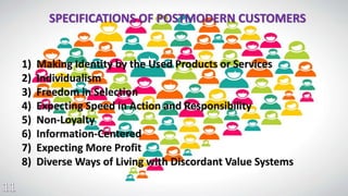 SPECIFICATIONS OF POSTMODERN CUSTOMERS 
1) Making Identity by the Used Products or Services 
2) Individualism 
3) Freedom in Selection 
4) Expecting Speed in Action and Responsibility 
5) Non-Loyalty 
6) Information-Centered 
7) Expecting More Profit 
8) Diverse Ways of Living with Discordant Value Systems 
 