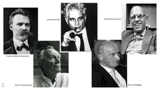 Friedrich Wilhelm Nietzsche 
Jean-François Lyotard 
Jacques Derrida Paul Michel Foucault 
Martin Heidegger 
 