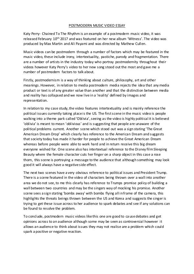 Examples Of Essay Papers Postmodern Music Video Essay Katy Perry Chained To The Rhythm Is An Example Of A Persuasive Essay Topics High School also Examples Of Proposal Essays Postmodern Music Video Essay English As A Global Language Essay