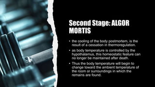 Second Stage: ALGOR
MORTIS
• the cooling of the body postmortem, is the
result of a cessation in thermoregulation.
• as body temperature is controlled by the
hypothalamus, this homeostatic feature can
no longer be maintained after death.
• Thus the body temperature will begin to
change toward the ambient temperature of
the room or surroundings in which the
remains are found.
 