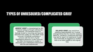 TYPES OF UNRESOLVED/COMPLICATED GRIEF
ABSENT GRIEF is characterised by the
bereaved acting as though nothing has
happened. The bereaved show no
feelings of grief or mourning and become
detached from reality as if the death never
occurred. Emotional numbness is
common with this form of grief.
Maladaptive behaviour is also common
but often the bereaved is unable to
associate such maladaptive behaviours
with the loss experienced.
DELAYED GRIEF may result from
pressing responsibilities (e.g. funeral
arrangements) that the mourner needs to
attend to, resulting in postponed grief that
may last for years. An experience of grief
may eventually be triggered by another
loss or an event related to the original
loss.
 