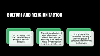 CULTURE AND RELIGION FACTOR
The concept of death
can mean different
things in different
cultures.
The religious beliefs of
a person can also be
pivotal. For instance,
believing in an afterlife
with a loved one can
help to deal with loss.
It is important to
remember the way a
person grieves is
personal and unique to
themselves.
 