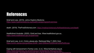 References
Grief and Loss. (2019). Johns Hopkins Medicine.
https://www.hopkinsmedicine.org/health/caregiving/grief-and-loss
death. (2019). TheFreeDictionary.com. https://medical-dictionary.thefreedictionary.com/death
Healthdirect Australia. (2020). Grief and loss. Www.healthdirect.gov.au.
https://www.healthdirect.gov.au/grief-loss
Grief and Loss. (n.d.). Cmhc.utexas.edu. Retrieved May 7, 2023, from
https://cmhc.utexas.edu/griefloss.html#:~:text=Different%20Kinds%20of%20Loss
Coping with bereavement | Family Lives. (n.d.). Www.familylives.org.uk.
https://www.familylives.org.uk/advice/your-family/family-life/coping-with-
 