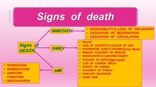 Signs of death
 INSENSIBILITY & LOSS OF VOLUNTARY P
 CESSATION OF RESPIRATION
 CESSATION OF CIRCULATION
3
 