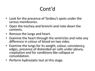 Cont’d
• Look for the presence of Tardieu’s spots under the
serous membranes.
• Open the trachea and bronchi and note down the
contents.
• Remove the lungs and heart.
• Examine the heart through the ventricles and note any
difference in colour of blood on two sides.
• Examine the lungs for its weight, colour, consistency,
edges, presence of distended air cells under pleura,
crepitation and for conditions like collapse or
consolidation.
• Perform hydrostatic test at this stage.
 