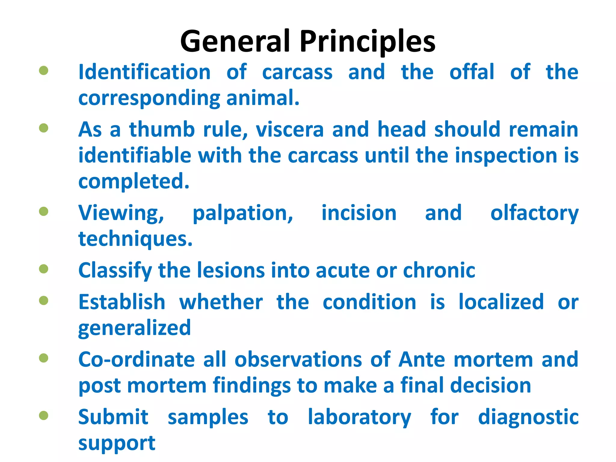General Principles
 Identification of carcass and the offal of the
corresponding animal.
 As a thumb rule, viscera and head should remain
identifiable with the carcass until the inspection is
completed.
 Viewing, palpation, incision and olfactory
techniques.
 Classify the lesions into acute or chronic
 Establish whether the condition is localized or
generalized
 Co-ordinate all observations of Ante mortem and
post mortem findings to make a final decision
 Submit samples to laboratory for diagnostic
support
 