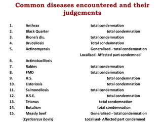 Diseases judgements
1. Anthrax total condemnation
2. Black Quarter total condemnation
3. Jhone’s dis. total condemnation
4. Brucellosis Total condemnation
5. Actinomycosis Generalised - total condemnation
Localised- Affected part condemned
6. Actinobacillosis
7. Rabies total condemnation
8. FMD total condemnation
9. H.S. total condemnation
10. Listeriosis total condemnation
11. Salmonellosis total condemnation
12. B.S.E. total condemnation
13. Tetanus total condemnation
14. Botulism total condemnation
15. Measly beef Generalised - total condemnation
(Cysticercus bovis) Localised- Affected part condemned
 
