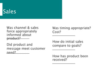 Sales
Was channel & sales
force appropriately
informed about
product?
Was timing appropriate?
Cost?
Did product and
message meet customer
need?
How do initial sales
compare to goals?
How has product been
received?
 
