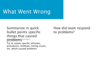 What Went Wrong
Try to isolate specific attitudes,
procedures, methods, timing issues,
etc. which caused problems
Summarize in quick
bullet points specific
things that caused
problems
How did team respond
to problems?
 
