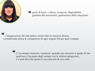 …l’assegnazione dei task poteva essere fatta in maniera diversa,
considerando prima le competenze di ogni singolo TM per quel compito.
Ci ha sempre motivati e sostenuti, quando non eravamo in grado di fare
qualcosa ci ha posto degli esempi con le relative spiegazioni,
e si può dire che questo è successo più di una volta….
punti di forza : cultura, sicurezza, disponibilità ,
gestione del nervosismo, padronanza della situazione.“
“
“
 