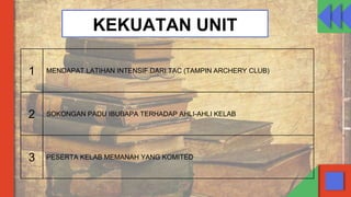 KEKUATAN UNIT
1 MENDAPAT LATIHAN INTENSIF DARI TAC (TAMPIN ARCHERY CLUB)
2 SOKONGAN PADU IBUBAPA TERHADAP AHLI-AHLI KELAB
3 PESERTA KELAB MEMANAH YANG KOMITED
 